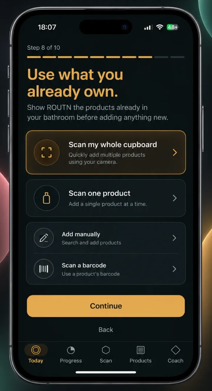 The 'Use what you already own' step: scan your whole cupboard, scan one product, add manually, or scan a barcode.