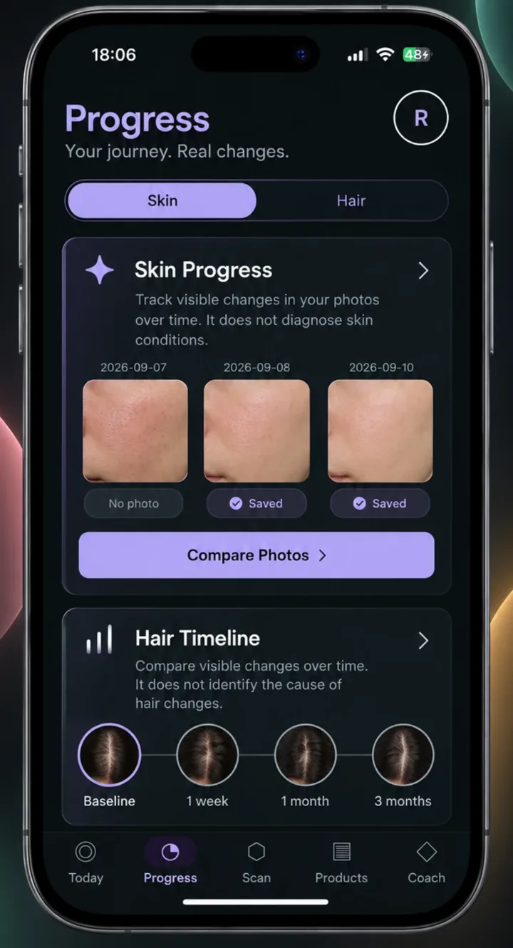 The Progress screen: skin photos across three dates, and a hair timeline from baseline to three months.