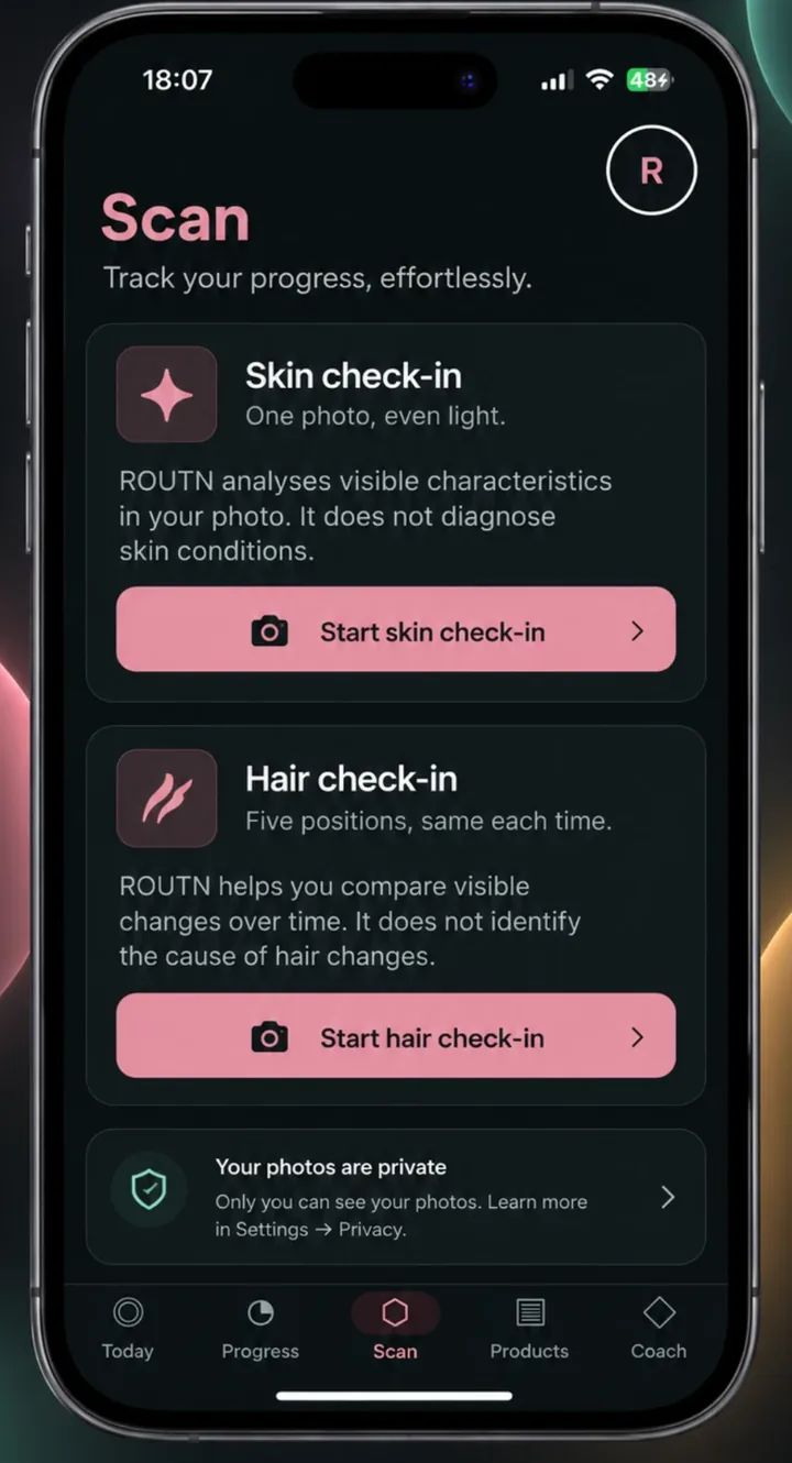 The Scan screen: a skin check-in from one photo and a hair check-in from five positions, with a note that photos are private.